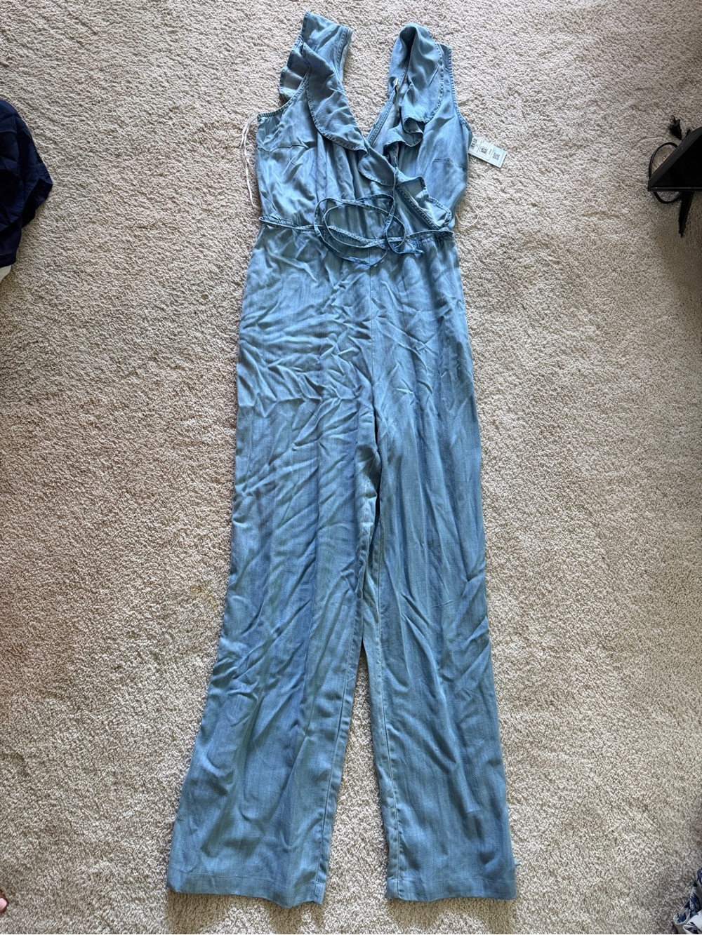 Guess Light Blue Ruffle V-Neck Wide-Leg Jumpsuit